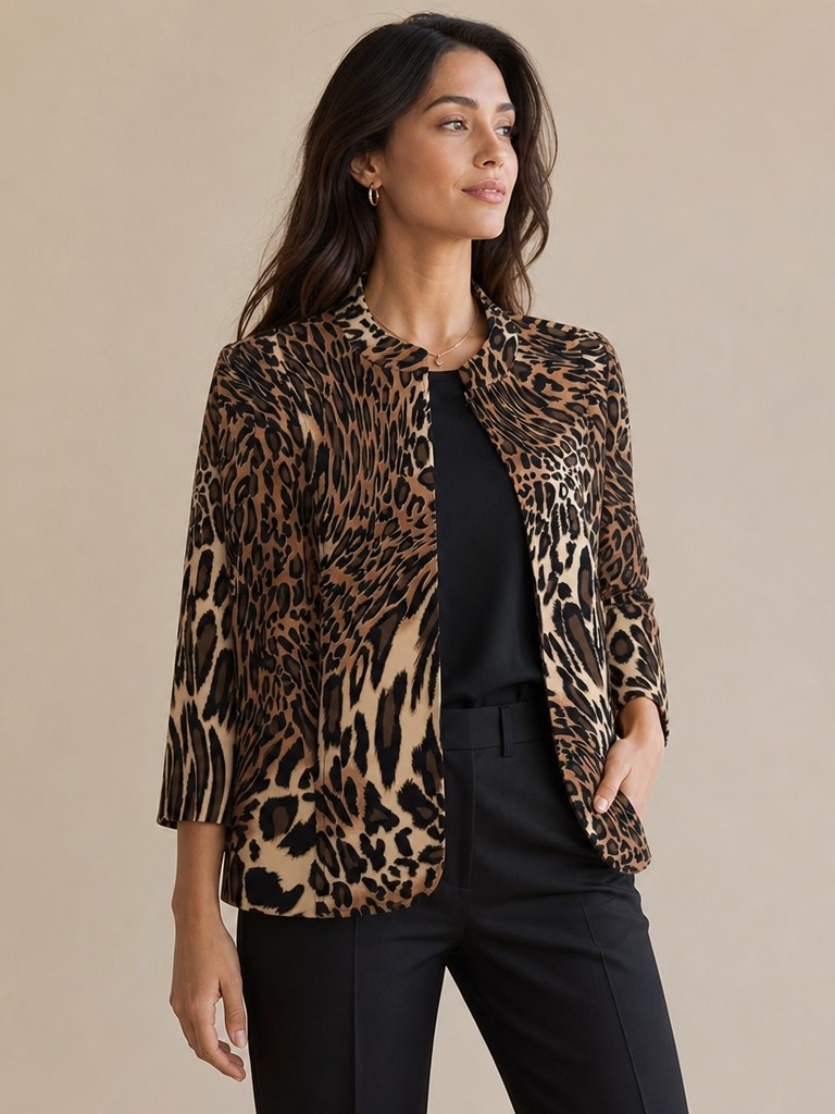 Molly & Maxx Leopard Animal Print Zip Up Mock Neck Blazer Jacket Coat L Retro